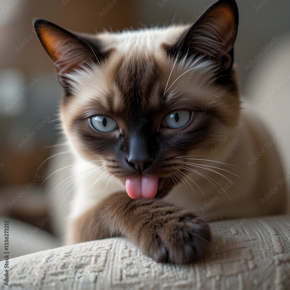 Siamese cat licking its paw on a cushion Siamese cat licking its paw on a cushion