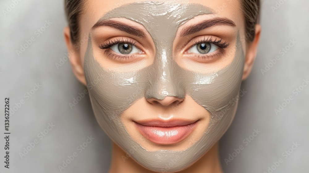 A beautiful woman with a grey mask on her face A beautiful woman with a grey mask on her face