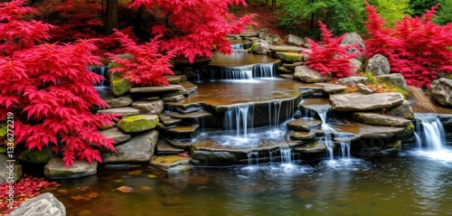 Rustic stone waterfall cascades amidst vibrant red & green foliage, Mill Creek Pond, Alpharetta, GA, USA,  photography, landscape