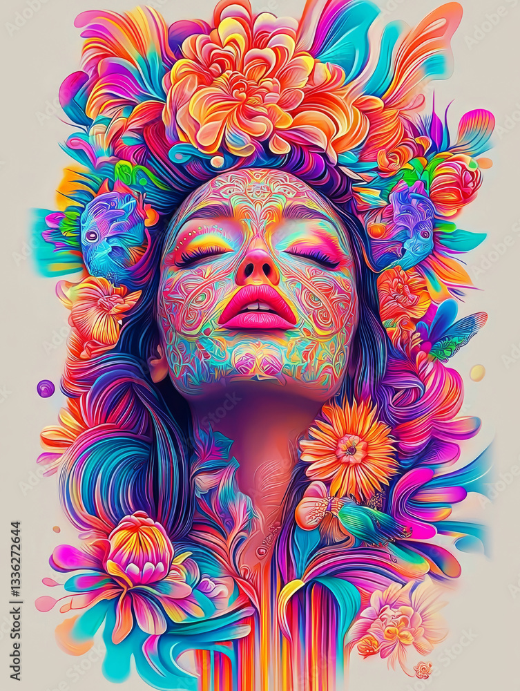 Psychedelic Bloom: A vibrant portrait of a woman adorned with a riot of colorful flowers, her face a canvas of psychedelic patterns, embodying a surreal and artistic vision Psychedelic Bloom: A vibrant portrait of a woman adorned with a riot of colorful flowers, her face a canvas of psychedelic patterns, embodying a surreal and artistic vision