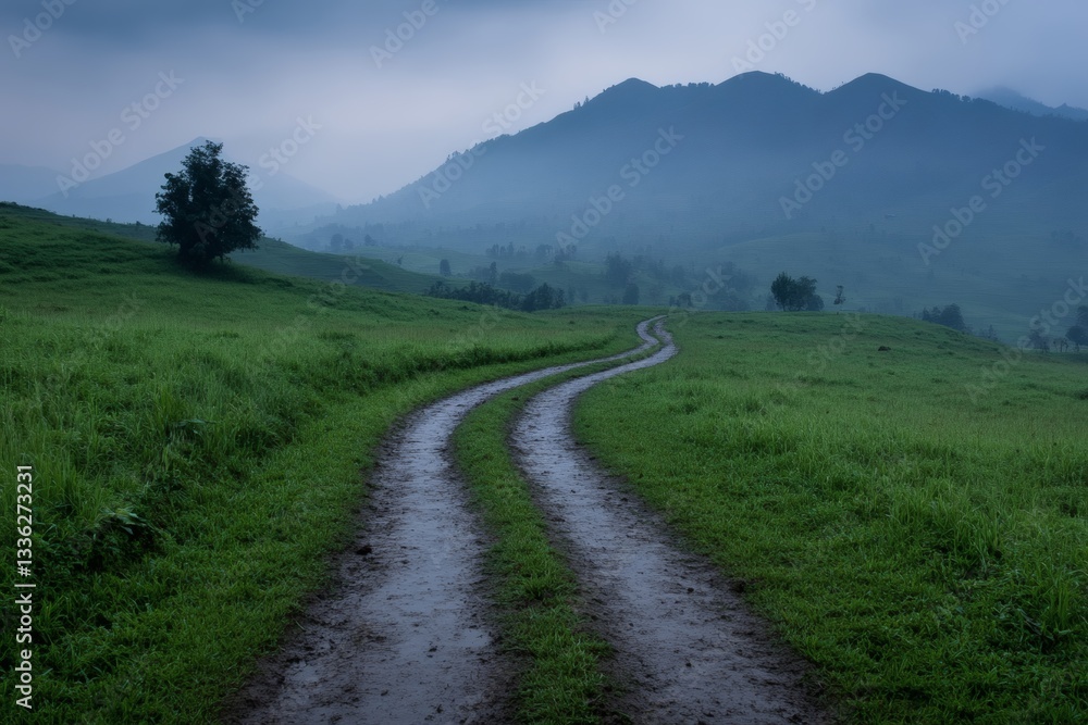 Winding path through misty green hills Generative AI Winding path through misty green hills Generative AI