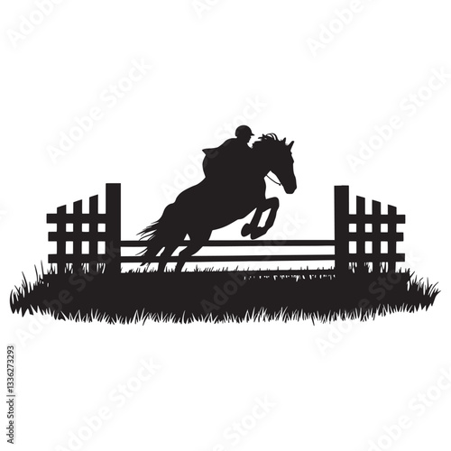 Horse and Rider Jumping Fence Silhouette – Equestrian Sport, Show Jumping, and Horseback Riding Illustration