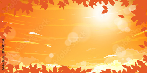 Sunset sky, cloud and maple leaves border frame on background,Horizon Cartoon nature sunny day in Autumn with sunrise shining, cloud on orange sky,Vector fall season banner with bright light of sun