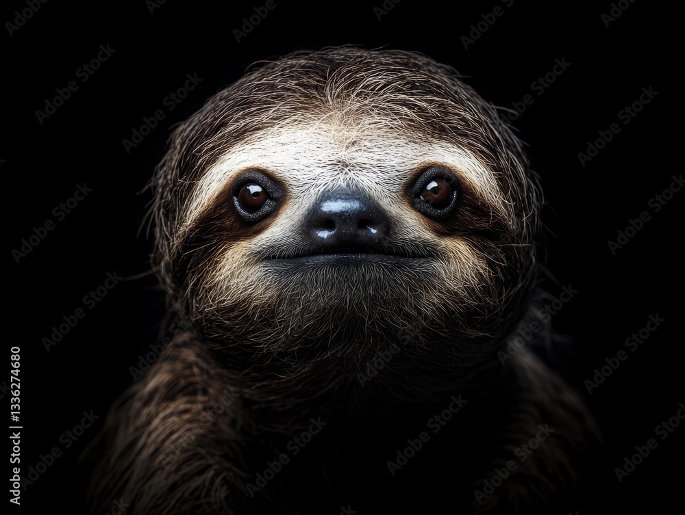 Naklejka premium Enthralling Sloth Portrait: A Glimpse into the Peaceful World of a Slow-Moving Mammal in its Natural Habitat, Showcasing its Furry Face and Gentle Eyes