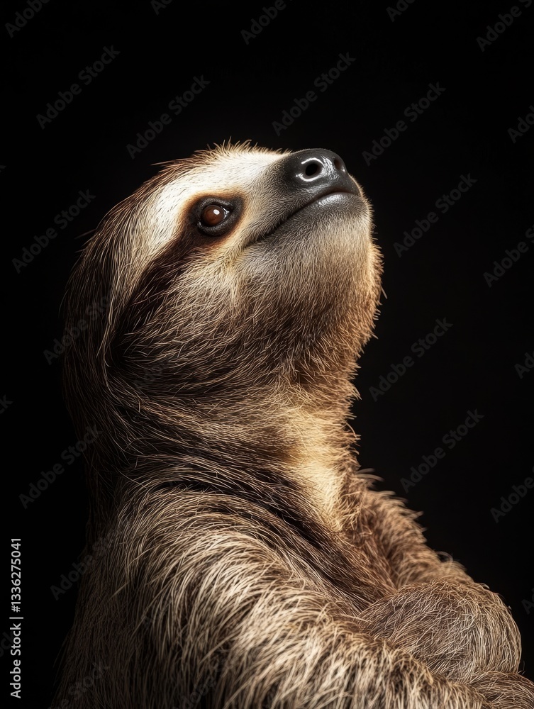 Fototapeta premium Captivating Sloth Portrait: A Glimpse into the Tranquil World of Wildlife, Showcasing its Furry Charm and Gentle Nature Against a Dark Backdrop