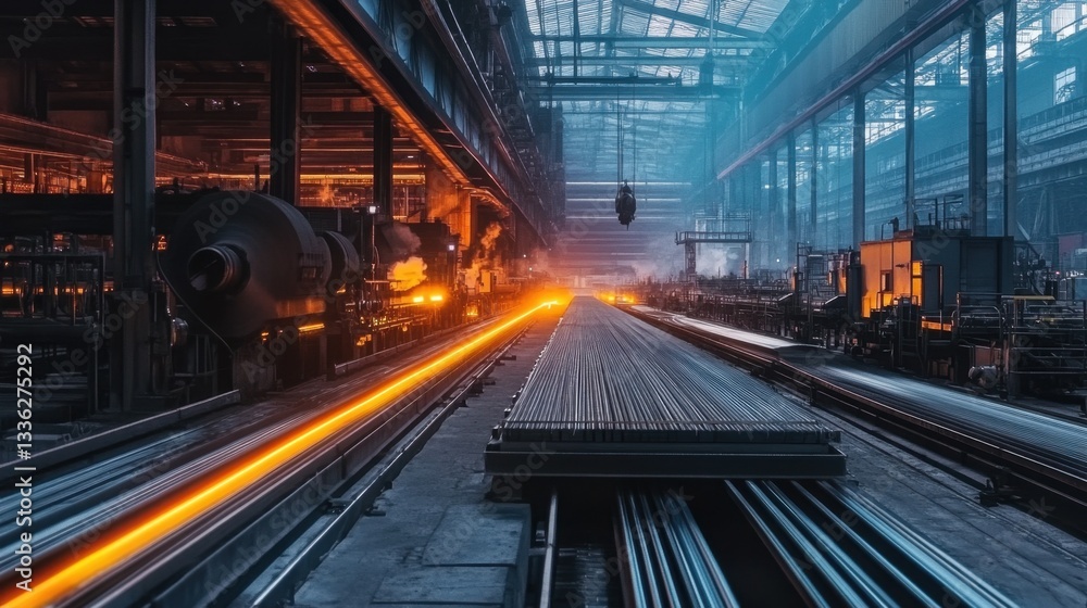 Obraz premium Zinc-coated steel production line with rolling machines and conveyor belts