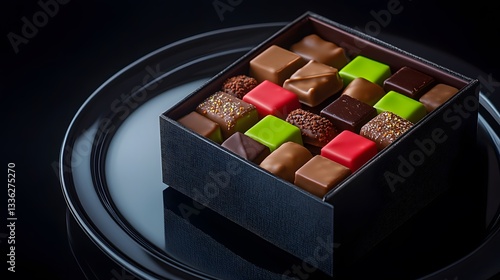 A vibrant display of assorted chocolate squares in a modern box, set on a sleek black plate with a reflective finish, captured in HD detail.