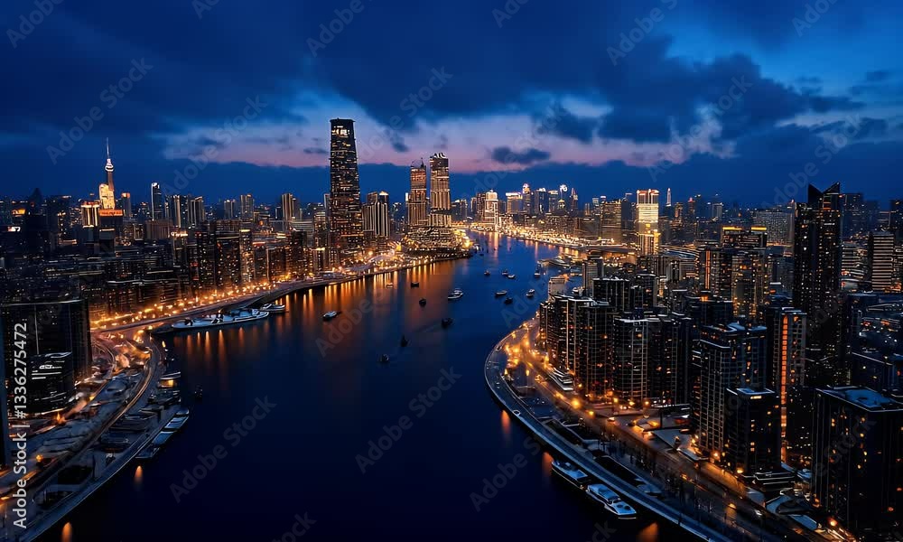 Snowy city skyline at dawn, river curves through illuminated buildings, boats sail, winter twilight. Use Travel brochure Snowy city skyline at dawn, river curves through illuminated buildings, boats sail, winter twilight. Use Travel brochure
