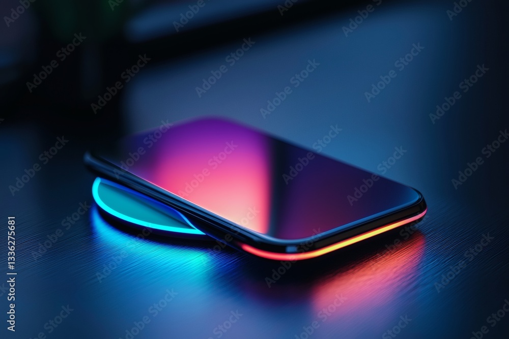 Vibrant smartphone charging on a glowing pad Generative AI Vibrant smartphone charging on a glowing pad Generative AI