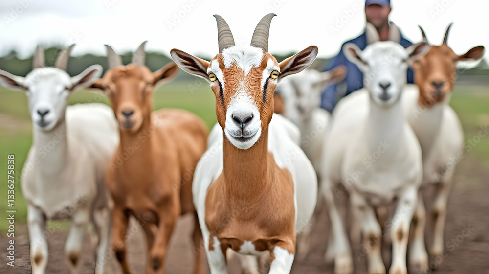 A Herd of Goats Grazing Peacefully in a Rural Landscape, Nature Serenity A Herd of Goats Grazing Peacefully in a Rural Landscape, Nature Serenity