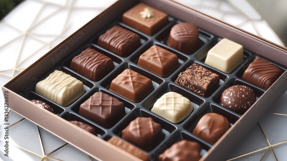 A vibrant presentation of assorted milk chocolates in an elegant box, artfully arranged on a geometric plate with soft shadows in HD clarity. A vibrant presentation of assorted milk chocolates in an elegant box, artfully arranged on a geometric plate with soft shadows in HD clarity.