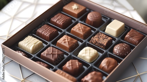 A vibrant presentation of assorted milk chocolates in an elegant box, artfully arranged on a geometric plate with soft shadows in HD clarity.