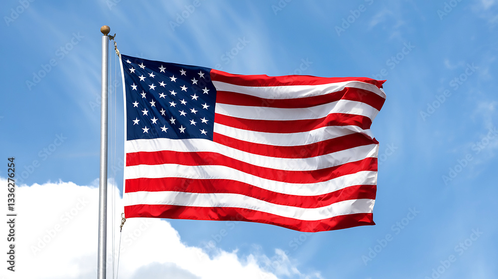 American flag waving proudly in a clear blue sky with fluffy white clouds usa red day wind wave pole American flag waving proudly in a clear blue sky with fluffy white clouds usa red day wind wave pole