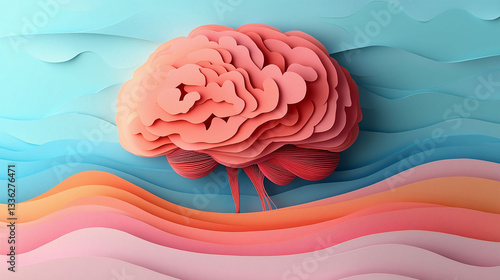 Abstract Paper Art Brain Design Layered Waves Coral Pink Teal Background Mind Concept