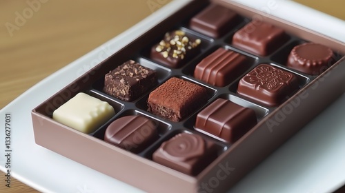 A vibrant presentation of assorted milk and dark chocolates in a sleek box, arranged on a minimalist white plate with soft focus in HD.