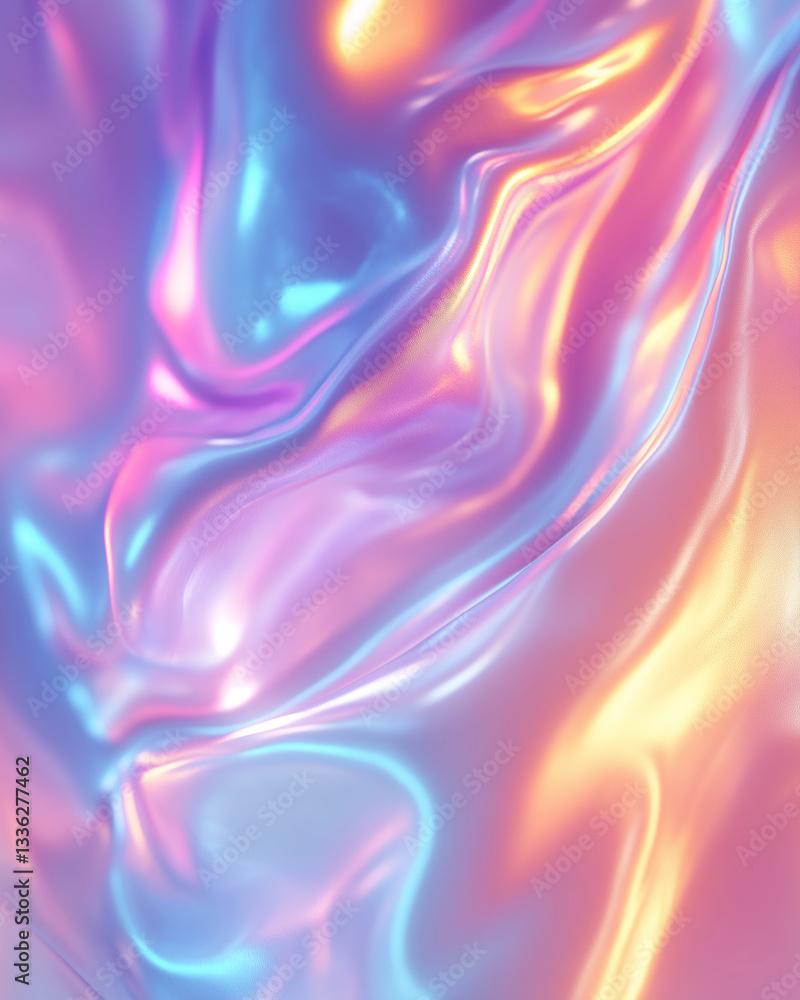 Naklejka premium Holographic purple and blue background with a shiny, luquid metallic texture. The backdrop creates a sense of movement and fluidity. The colors evoke a feeling of luxury and opulence.