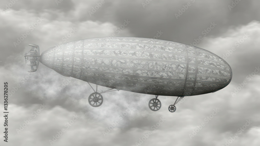 An ornate airship floats through a cloudy grey atmospheric sky An ornate airship floats through a cloudy grey atmospheric sky