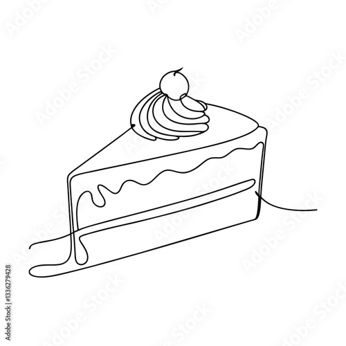 SingleLine Drawing of Delicious Cake Slice with Cherry