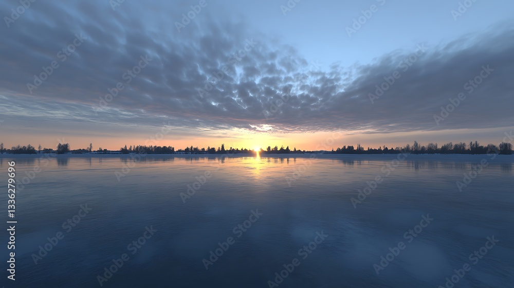 Sunset over Frozen Lake; trees in distance reflecting on still water for wallpaper Sunset over Frozen Lake; trees in distance reflecting on still water for wallpaper