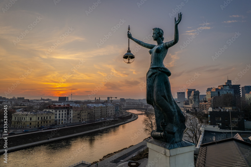 Fototapeta premium Aerial spring evening sunset view of Vilnius old town, Lithuania