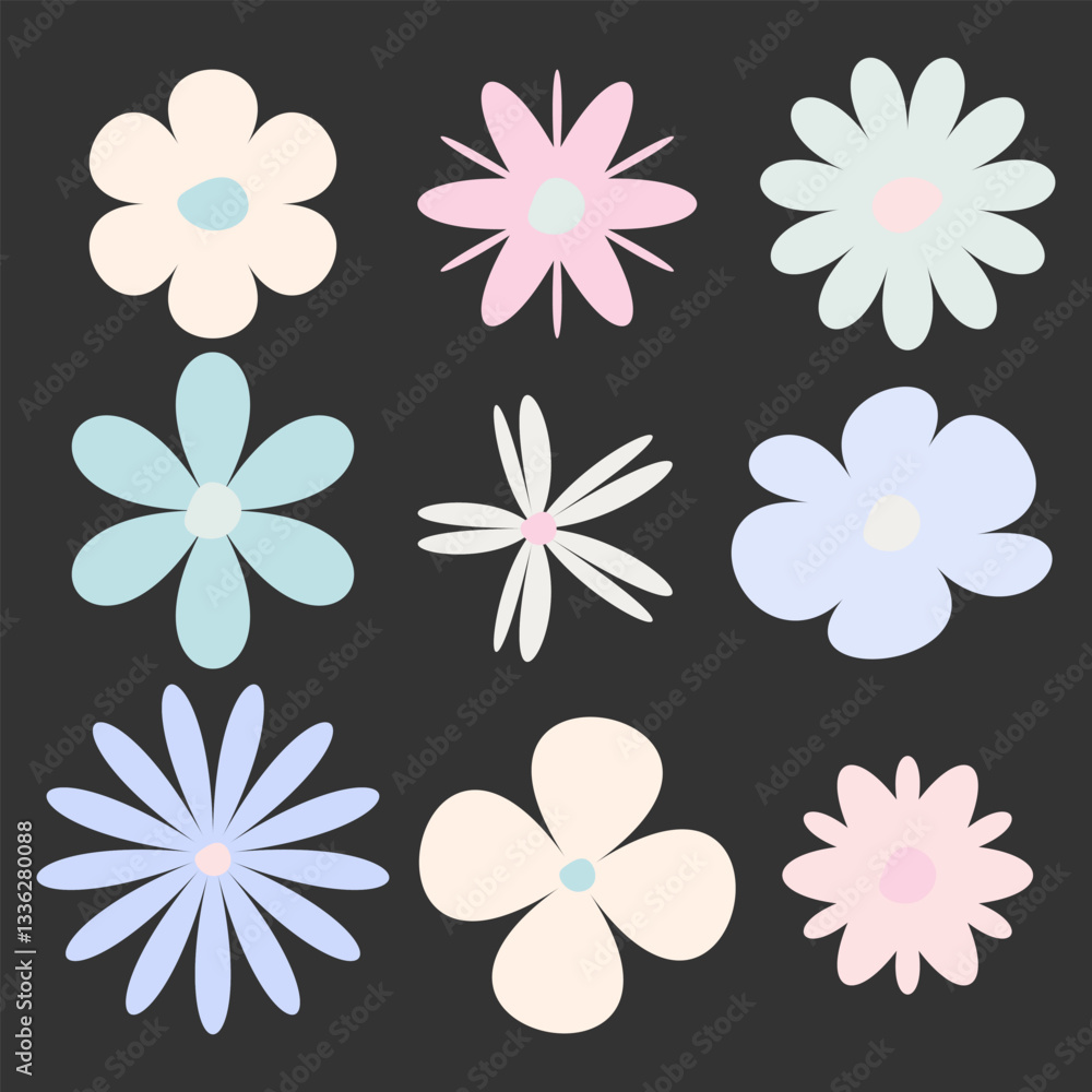 Fototapeta premium Vector flowers. Spring flowers. Pastel colors. Collection of daisy and sunflowers . Graphic elements for decorations. Vector illustration.