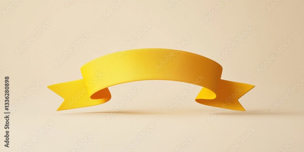 A yellow ribbon banner floats in the air against a light beige background, waiting for text or decoration to be placed. A yellow ribbon banner floats in the air against a light beige background, waiting for text or decoration to be placed.