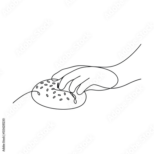 Hand Reaching for Sesame Seed Bread Single Line Drawing Art
