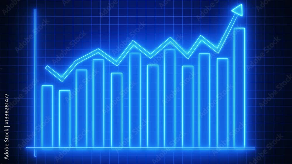 Neon Glow Data Trend Graph Animation, A glowing neon bar and line graph on a dark grid background, data trends with an upward arrow indicating growth Neon Glow Data Trend Graph Animation, A glowing neon bar and line graph on a dark grid background, data trends with an upward arrow indicating growth