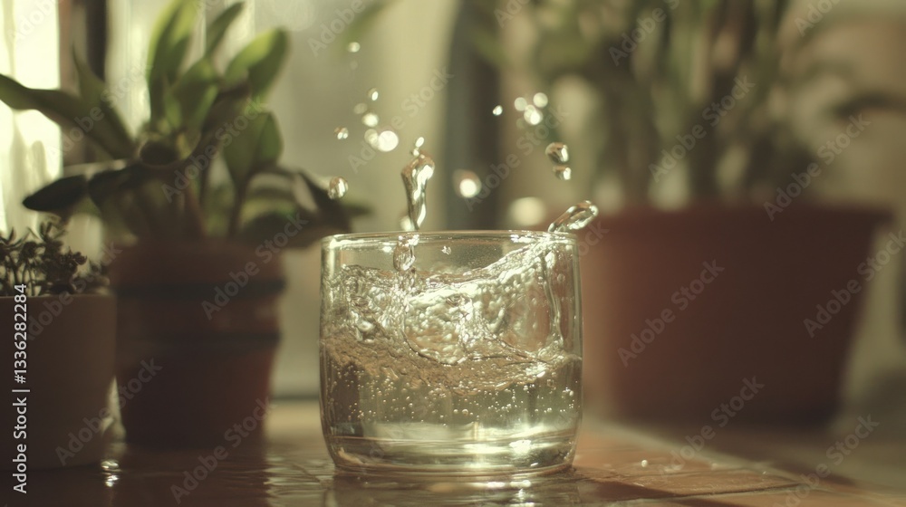 Clear glass of water experiencing dynamic splashing movement near plants Clear glass of water experiencing dynamic splashing movement near plants