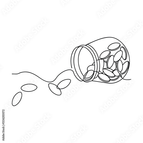 Spilled Pills from Jar One Line Drawing, Medicine, Healthcare, Pharmacy