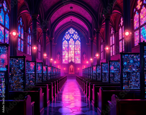 A futuristic cathedral where neon-lit servers replace pews, with stained glass panels displaying data visualizations, merging digital worship with cyber aesthetics.