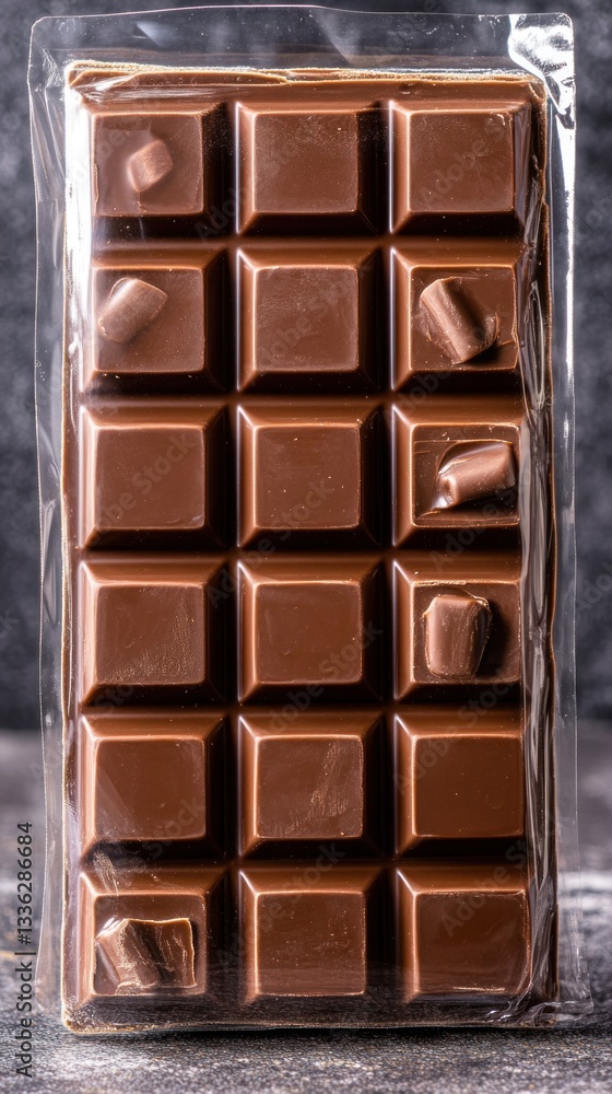 Obraz premium A rectangular bar of chocolate packed in transparent plastic