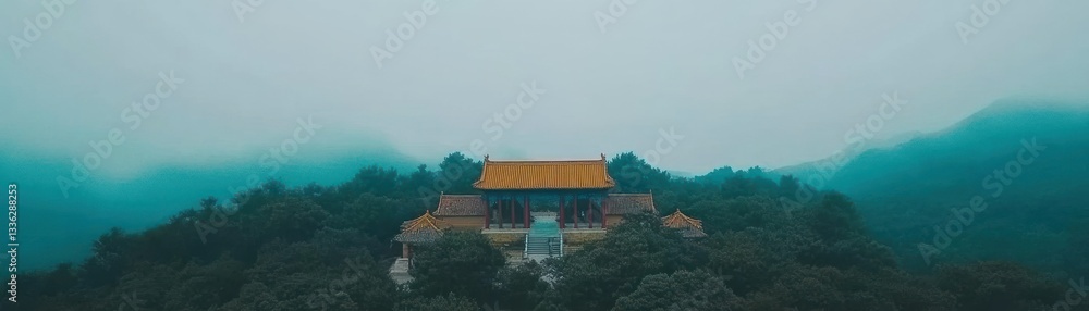 A traditional building surrounded by lush green trees in mountains A traditional building surrounded by lush green trees in mountains