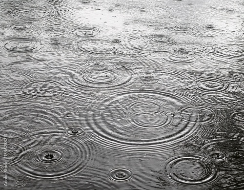 Patterns of intersecting ripples created by falling rain on water.