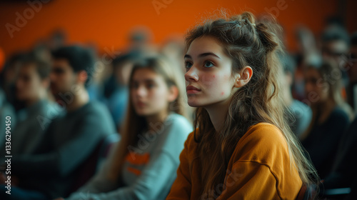 Young audience engaged during a presentation in a warm-toned indoor setting on a bustling afternoon Generative AI