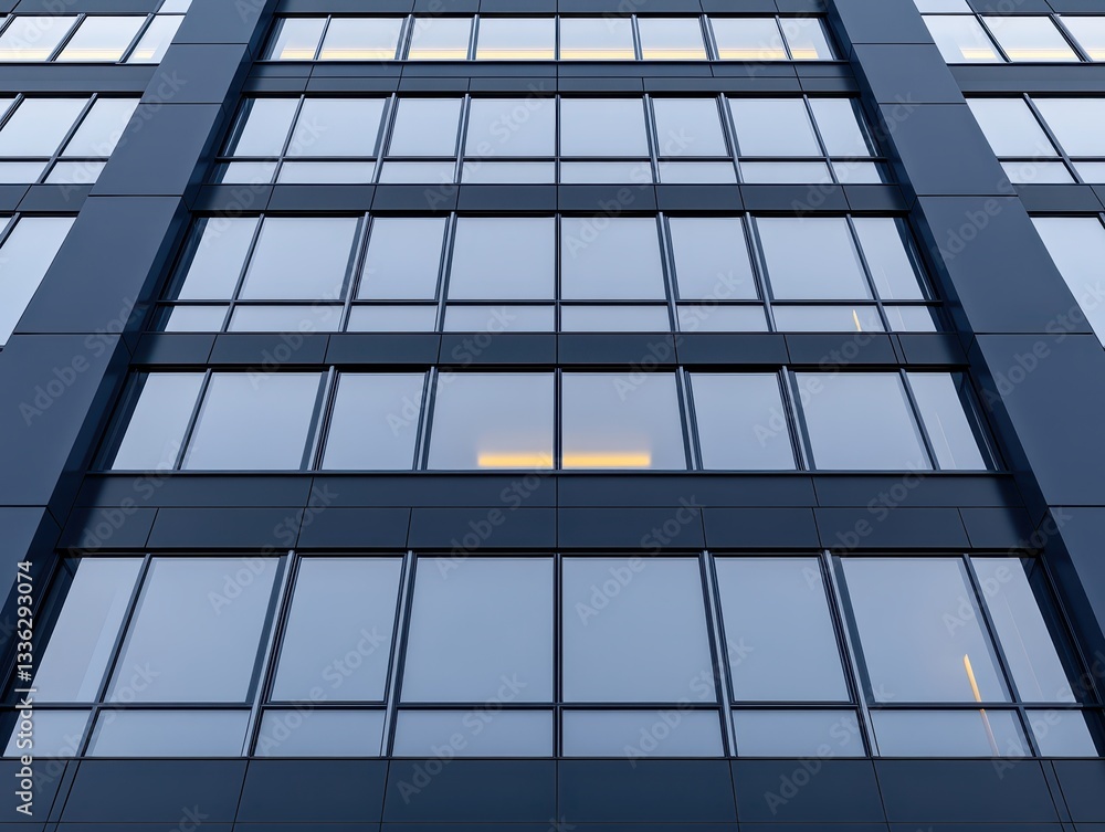 Modern office building facade with reflective glass windows and minimalistic design Modern office building facade with reflective glass windows and minimalistic design