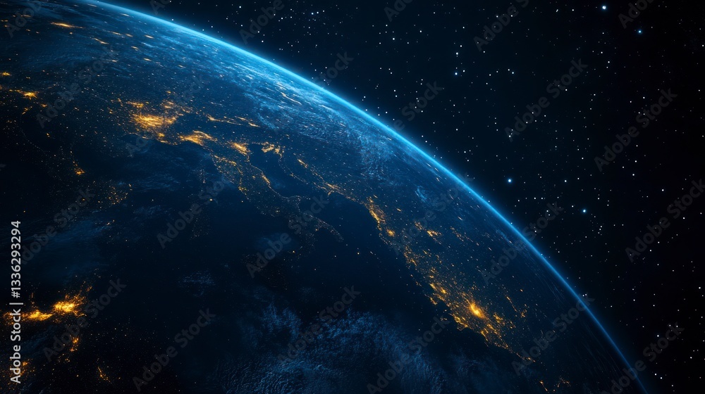Obraz premium Earth at Night From Space View with City Lights and Stars