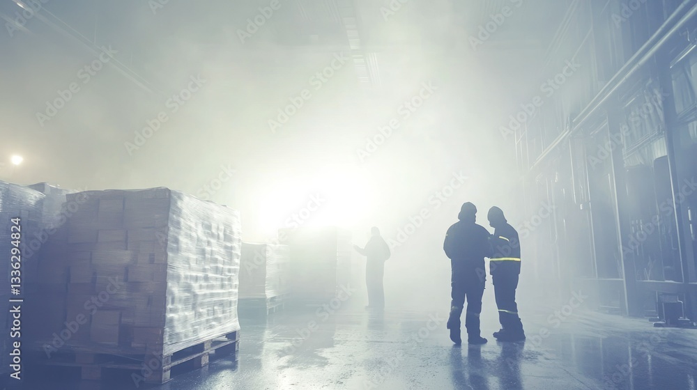 Workers in protective gear standing in a warehouse environment