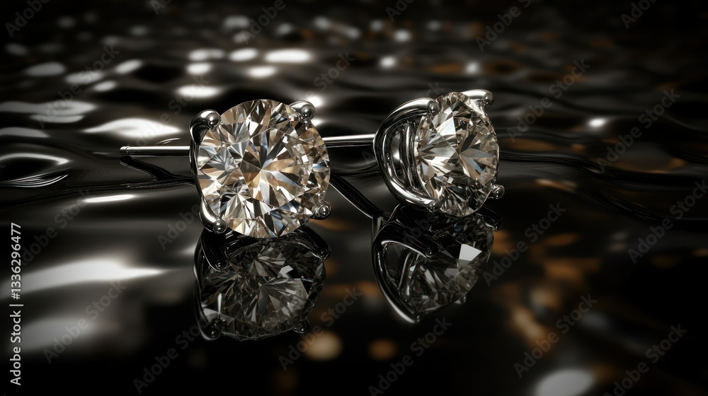 Two luxurious diamond stud earrings sitting on reflective surface Two luxurious diamond stud earrings sitting on reflective surface