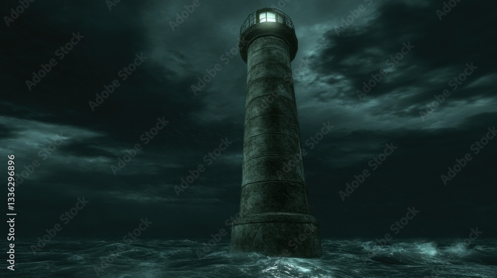A Tall Lighthouse Is Shining Brightly Over Dark Ocean Waters A Tall Lighthouse Is Shining Brightly Over Dark Ocean Waters