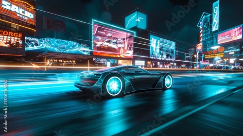 A futuristic car with glowing wheels, zooming past high-tech billboards and digital advertisements in a futuristic marketplace at night