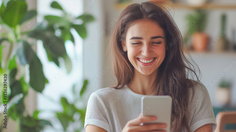 Young woman smiles while using smartphone in a cozy indoor setting surrounded by plants