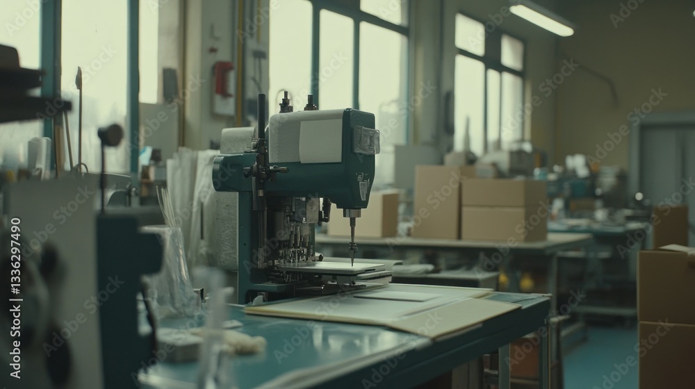 A workshop interior showing industrial machine and cardboard boxes A workshop interior showing industrial machine and cardboard boxes