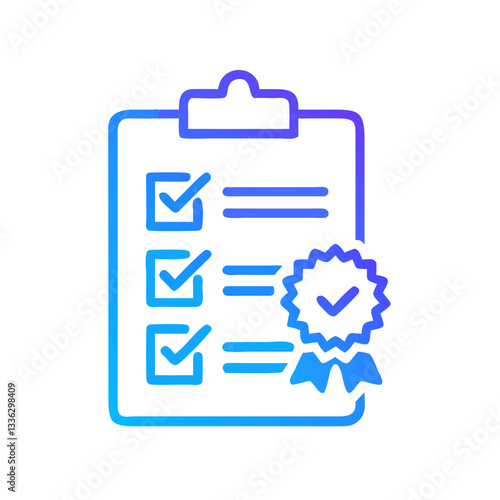 Blue gradient checklist icon with checkmarks and award ribbon