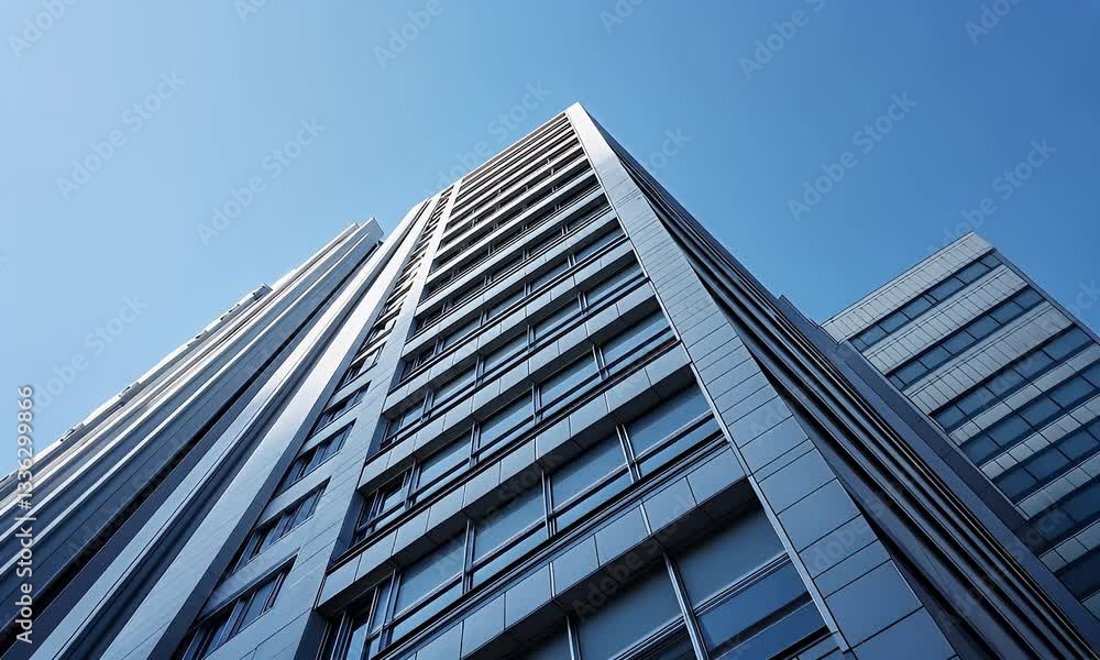 Modern skyscraper, city view, blue sky, architectural design, business background Modern skyscraper, city view, blue sky, architectural design, business background