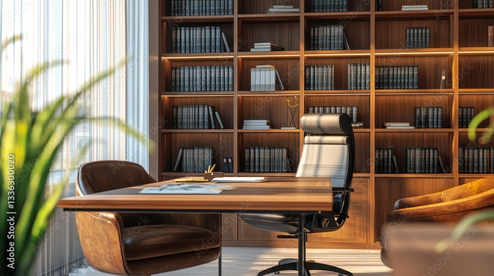 Obraz premium Modern office with bookshelves and desk. Sunlight streams in. Great for presentations or office space imagery