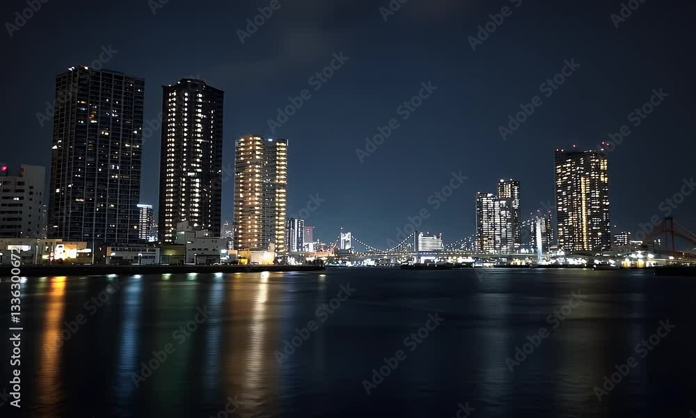 Night cityscape, harbor reflection, bridge, urban skyline, travel poster Night cityscape, harbor reflection, bridge, urban skyline, travel poster