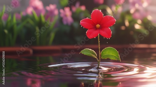 A single red flower blooms delicately in the water with droplets