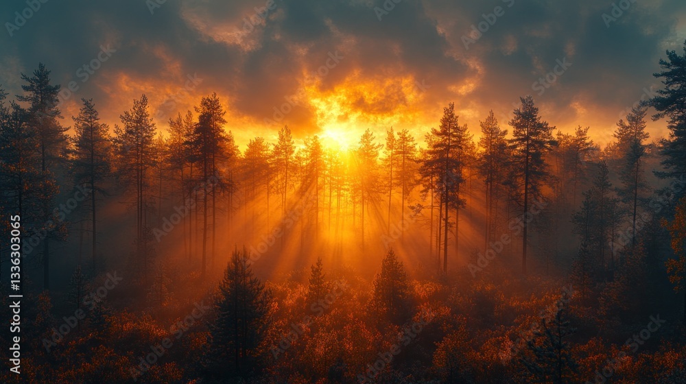 Fototapeta premium Golden Sunrise Through Misty Forest