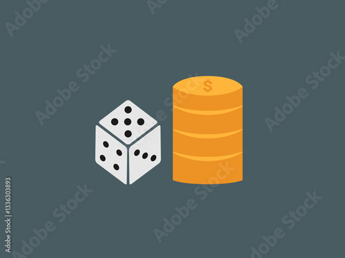 a simplified illustration of a die with pips and a stack of coins with a dollar symbol